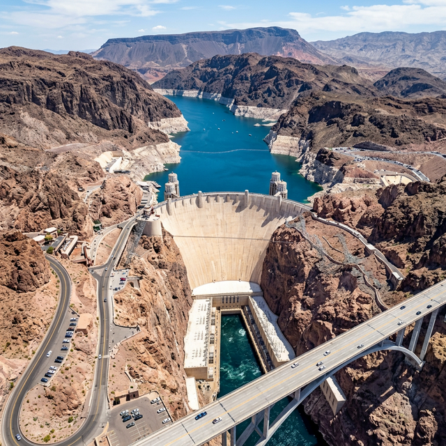Aerial view of the massive Hoover Dam concrete structure